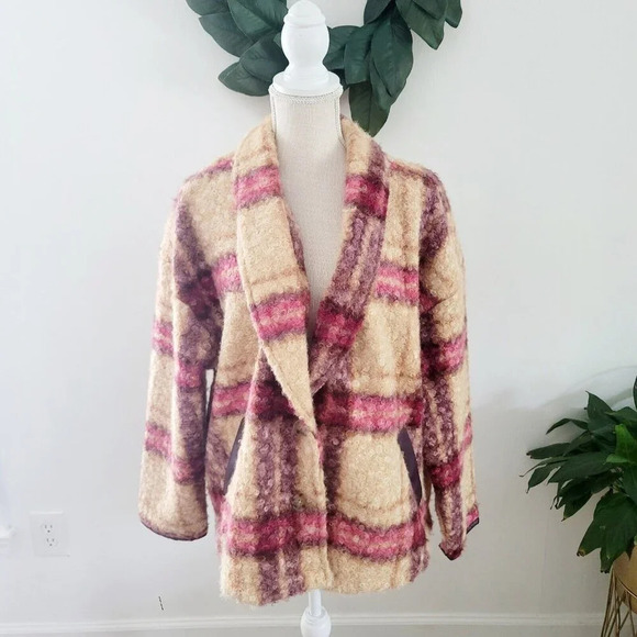 Knox Rose Plaid Faux Fur Multi Color Pink Beige Curly Unlined Jacket Coat 2X XXL - Picture 2 of 15